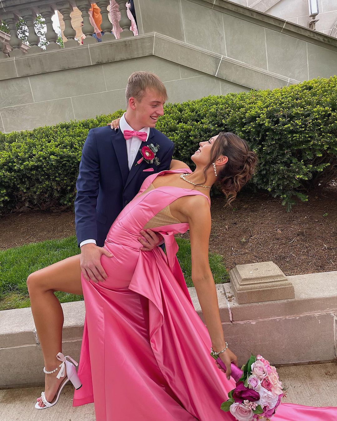 Mermaid V Neck Pink Satin Long Prom Dresses with Big Bow DP1094