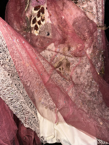 Vintage Pink Mermaid Beaded Sequin Pearl Tulle Prom Dress Party Evening Dress DP5354