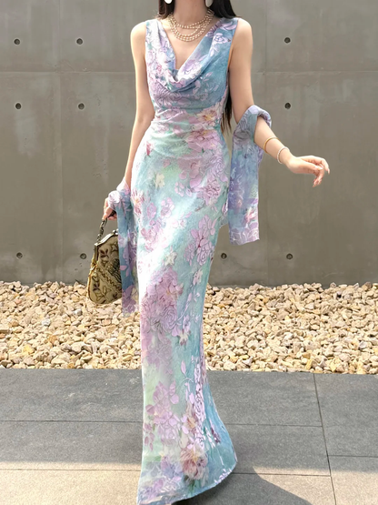 Beautiful Sheath Print Flower Colorful Chiffon Long Prom Dress Evening Dress DP6787