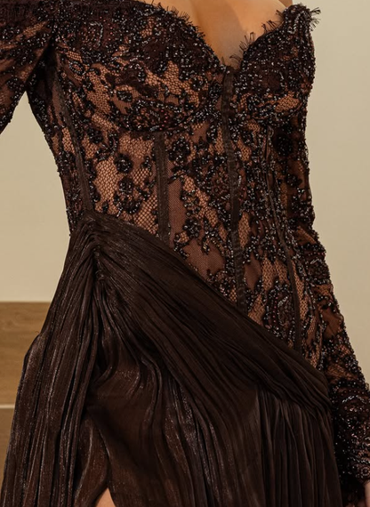 Stunning Brown A Line Long Sleeve Beaded Lace Satin Slit Prom Dress Evening Dress DP6177
