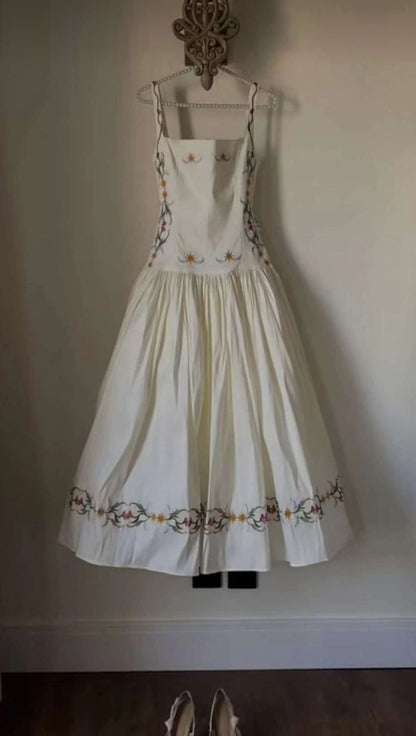 Cute A Line Straps Embroidered Ivory Satin Prom Dress Evening Dress Outfits DP7163