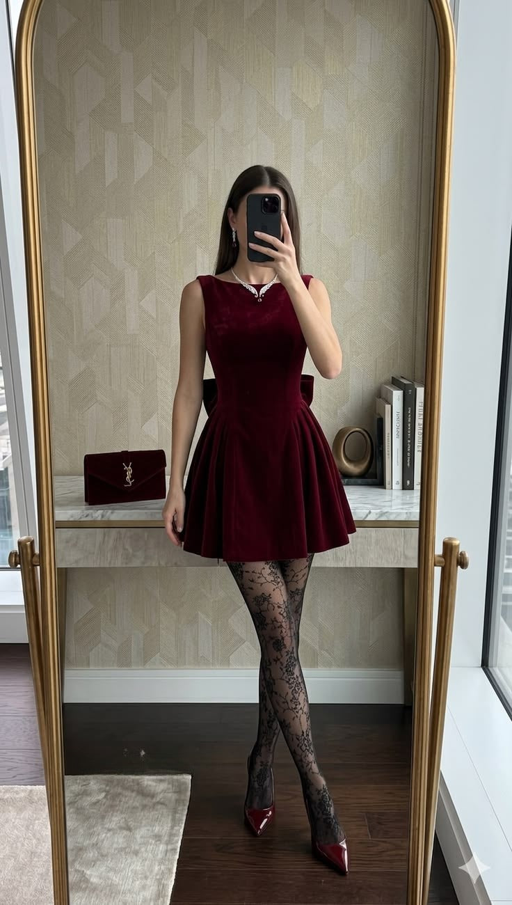 Burgundy A Line Back Bow Velvet Short Homecoming Dress Outfits DP6886