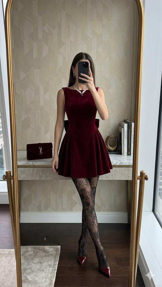 Burgundy A Line Back Bow Velvet Short Homecoming Dress Outfits DP6886