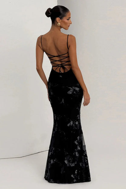 Black Sexy Mermaid Spaghetti Strap Embroidery Tulle Prom Dress Evening Dress DP5580