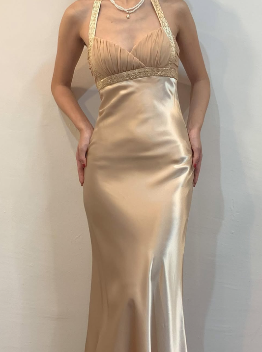 Vintage Sheath Halter Beaded Champagne Satin Open Back Prom Dress Evening Dress DP1696