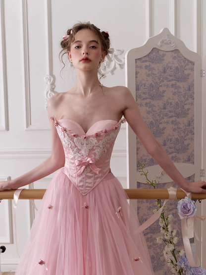 Cute A Line Sweetheart Neck Corset Bow Pink Tulle Satin Party Dress Birthday Dress DP2744