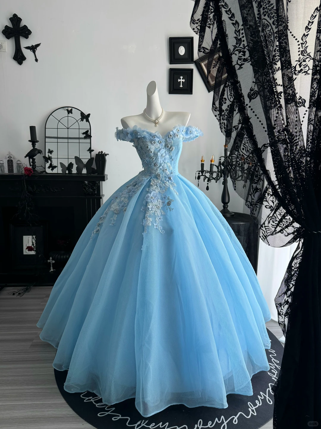 Baby Blue Ball Gown Off the Shoulder Floral Tulle Prom Dress Quinceanera Dress DP6957