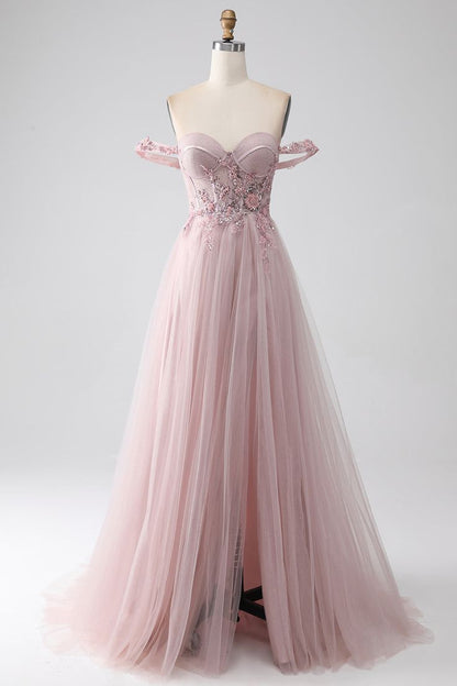 Elegant Off the Shoulder Sequins Beads Pink Tulle Prom Dress with Slit DP1393