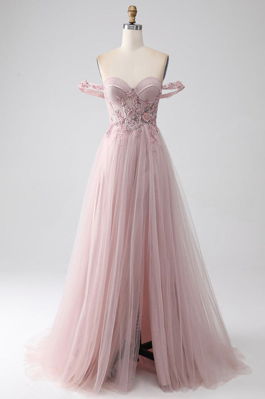 Elegant Off the Shoulder Sequins Beads Pink Tulle Prom Dress with Slit DP1393