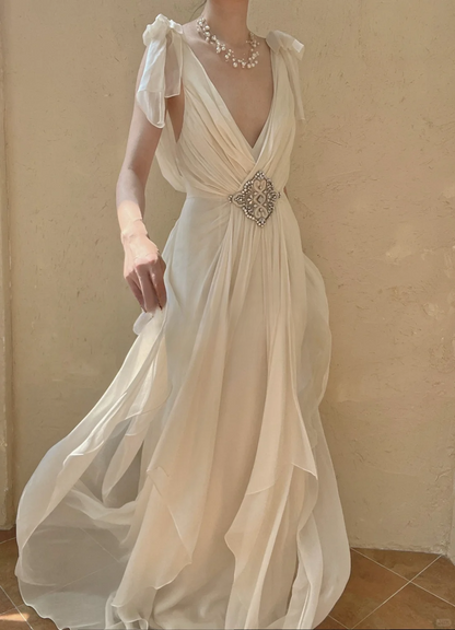 Flowy Retro A Line V Neck Beaded Chiffon Long Prom Dress Evening Dress DP3325