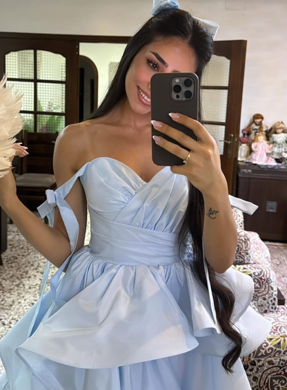 Baby Blue A Line Off the Shoulder Pleated Satin Short Homecoming Dress Birthday Dress DP2976