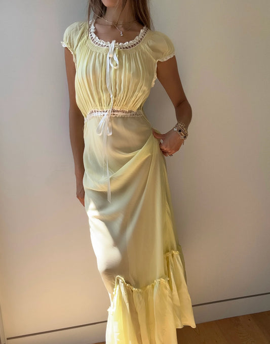 Vintage Yellow A Line Round Neck Chiffon Long Party Dress Outfits DP3743