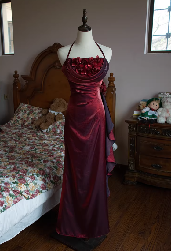 Pretty Burgundy Mermaid Halter Floral Satin Long Prom Dress Outfits DP4699