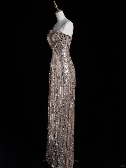 Shiny Sheath Strapless Golden Sequin Long Prom Dress Evening Dress DP2097