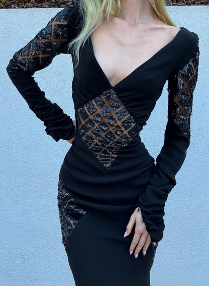 Elegant Sheath V Neck Long Sleeve Black Sequin Satin Prom Dress Evening Dress DP2083