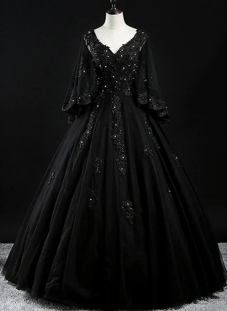 Beautiful Black Tulle With Lace Appliques Beaded Sweet 16 Dress Long Formal Prom Dress DP607