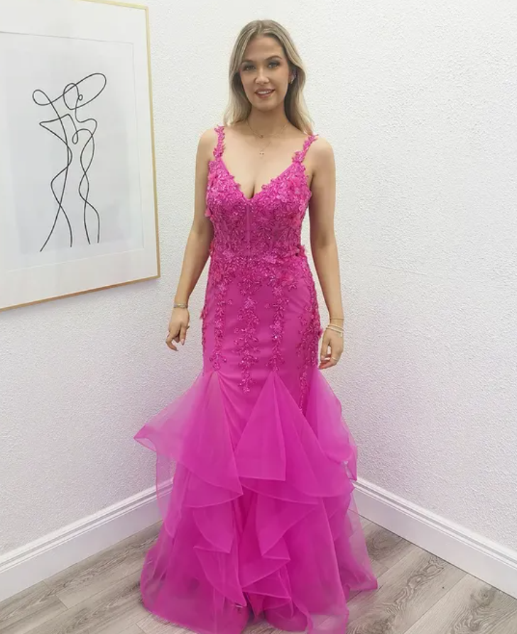 Hot Pink Mermaid Straps Appliques Lace Tulle Prom Dress Evening Dress DP6580