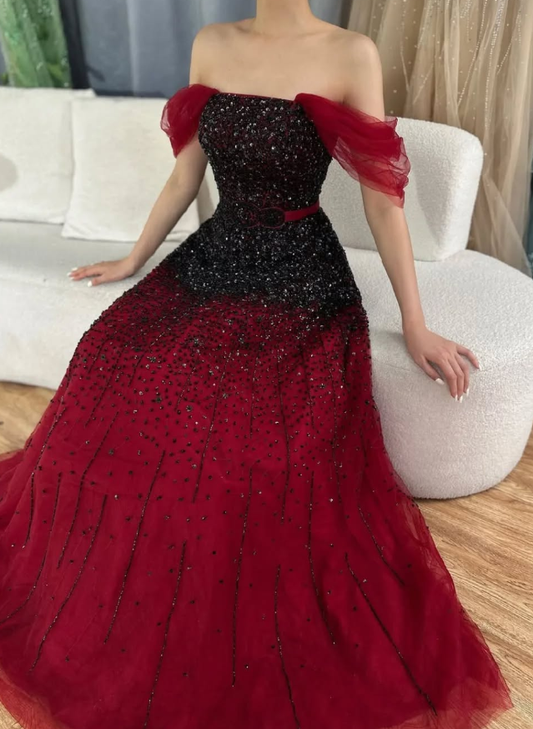 Burgundy A Line Off the Shoulder Beads Sequins Tulle Prom Dress Evening Dress DP1441
