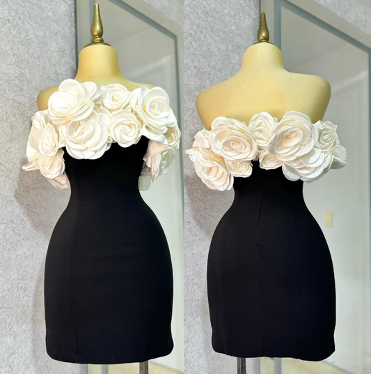 Cute Sheath White 3D Floral Black Satin Short Homecoming Dress Birthday Dress DP1724