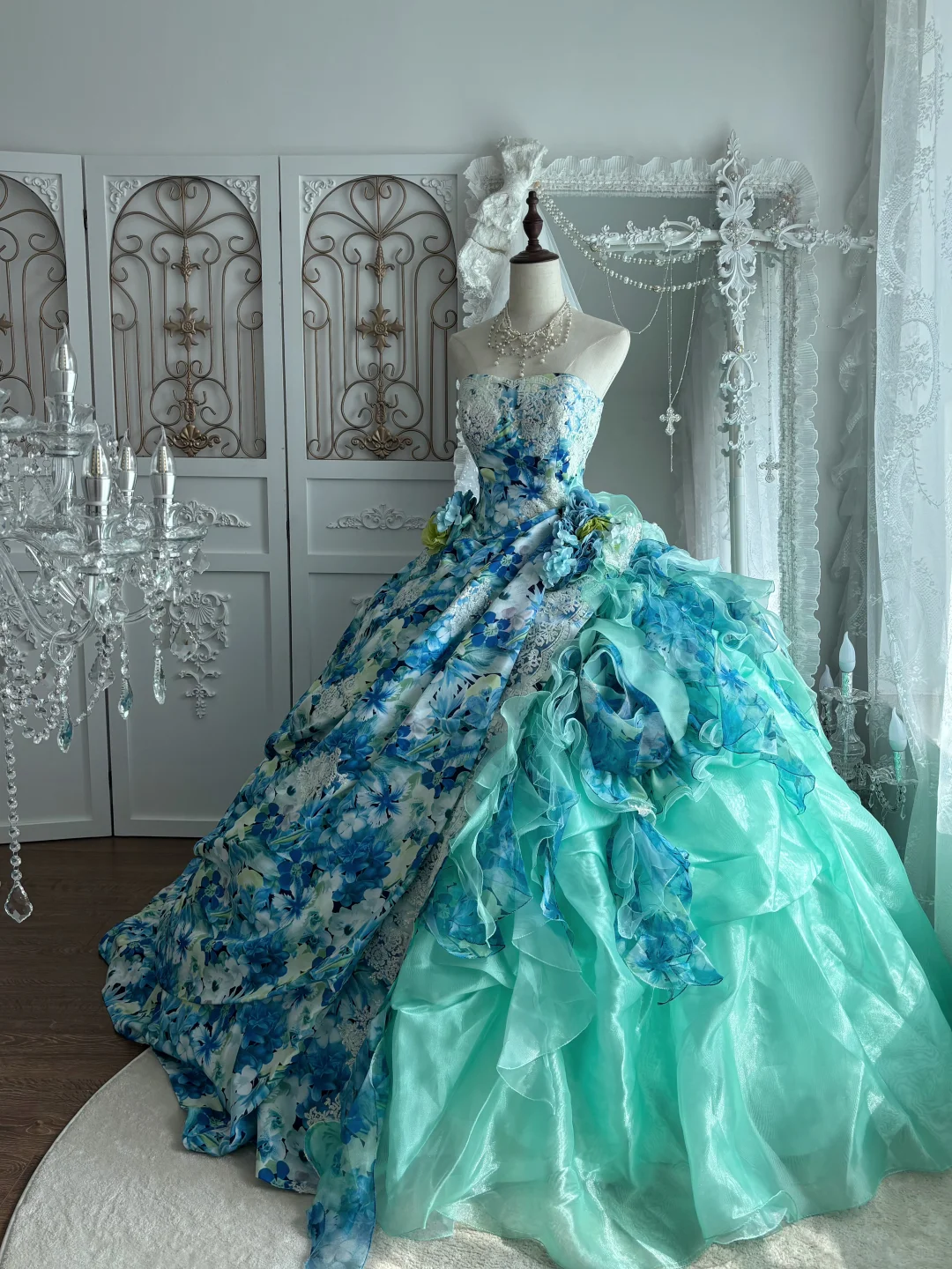 Vintage Dreamy Blue Strapless Print Floral Organza Prom Dress Sweet 16 Dress DP5663