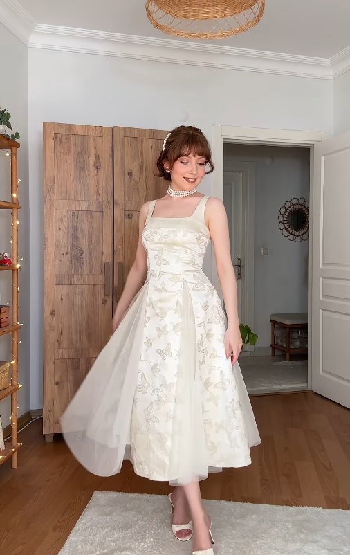 Cute A Line Straps Print Butterfly Satin Prom Dress Party Dress Date Dress DP4453