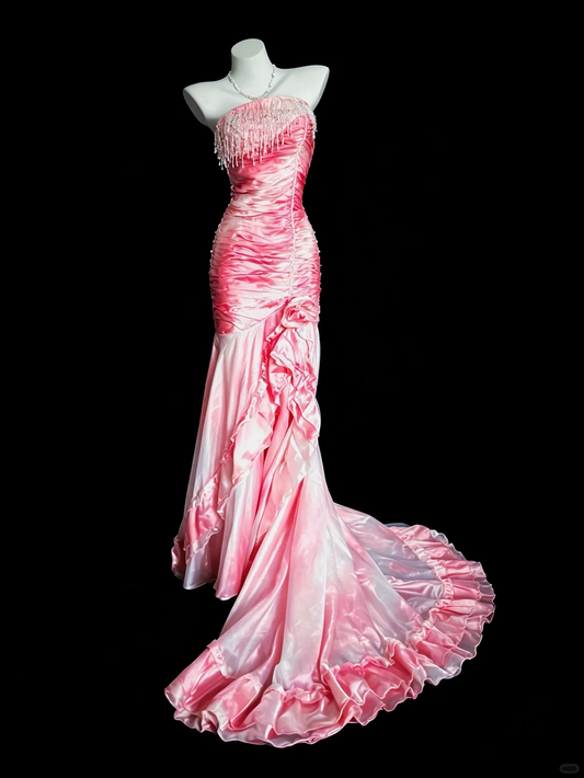 Vintage Pink Ombre Mermaid Strapless Beading Satin Prom Dress Party Evening Dress DP5348