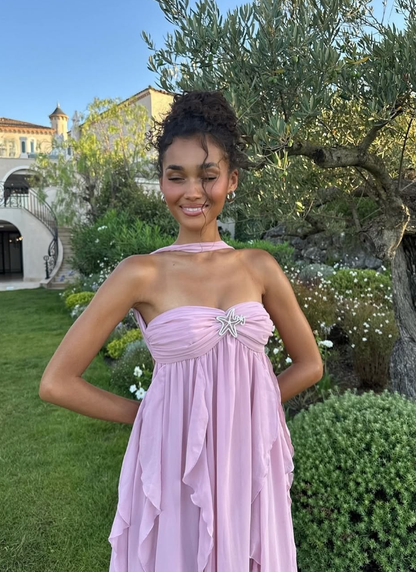 Cute A Line Strapless Pink Ruffle Chiffon Birthday Dress Outfits DP1443