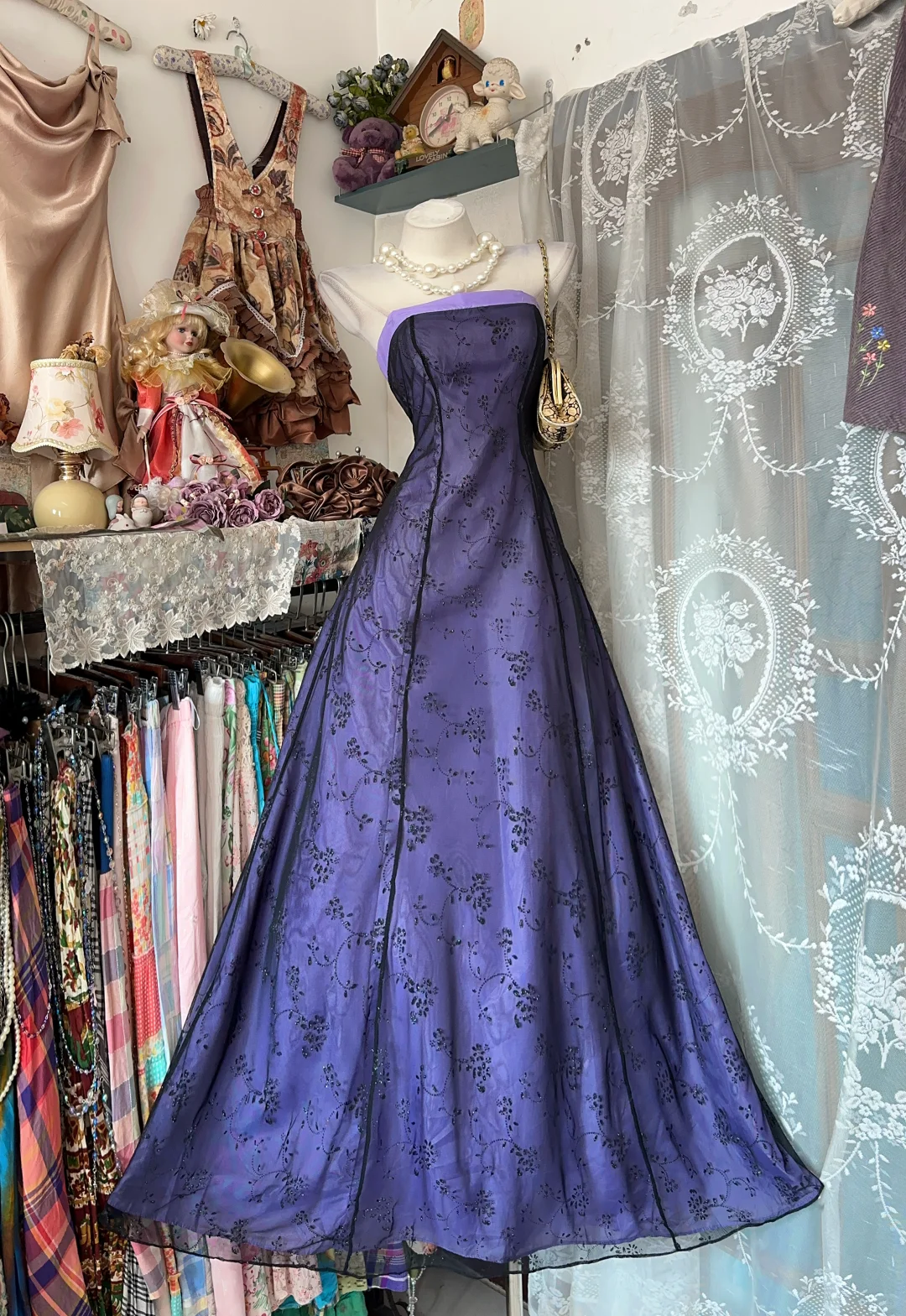 Vintage Purple A Line Strapless Printed Tulle Prom Dress Evening Dress DP8252