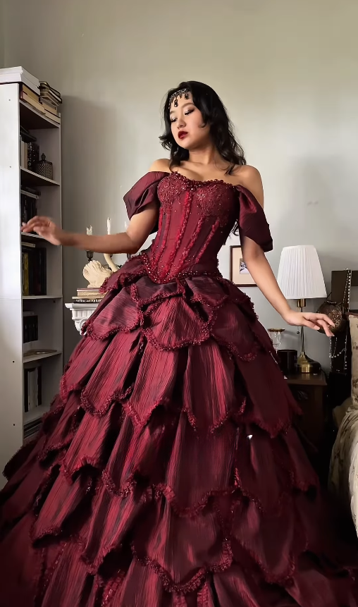 Burgundy Ball Gown Off the Shoulder Layered Beaded Satin 16th Birthday Dress Quinceanera Dress DP4438