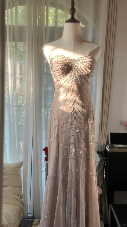 Elegant Mermaid Strapless Sequin Chiffon Long Party Dress Wedding Guest Dress DP2480