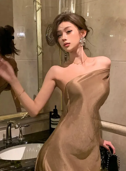 Brown Simple Elegant Sheath One Shoulder Satin Prom Dress Evening Prom Dress DP4895
