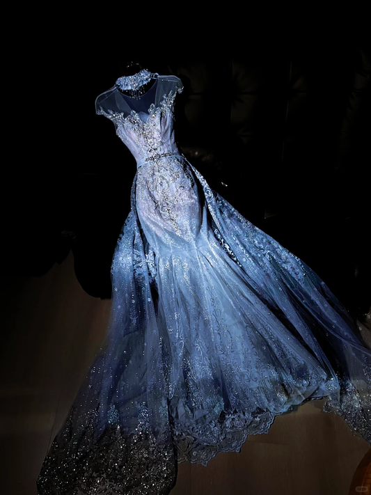 Gorgeous Mermaid V Neck Beaded Sequin Blue Tulle Long Party Dress Evening Dress DP2598