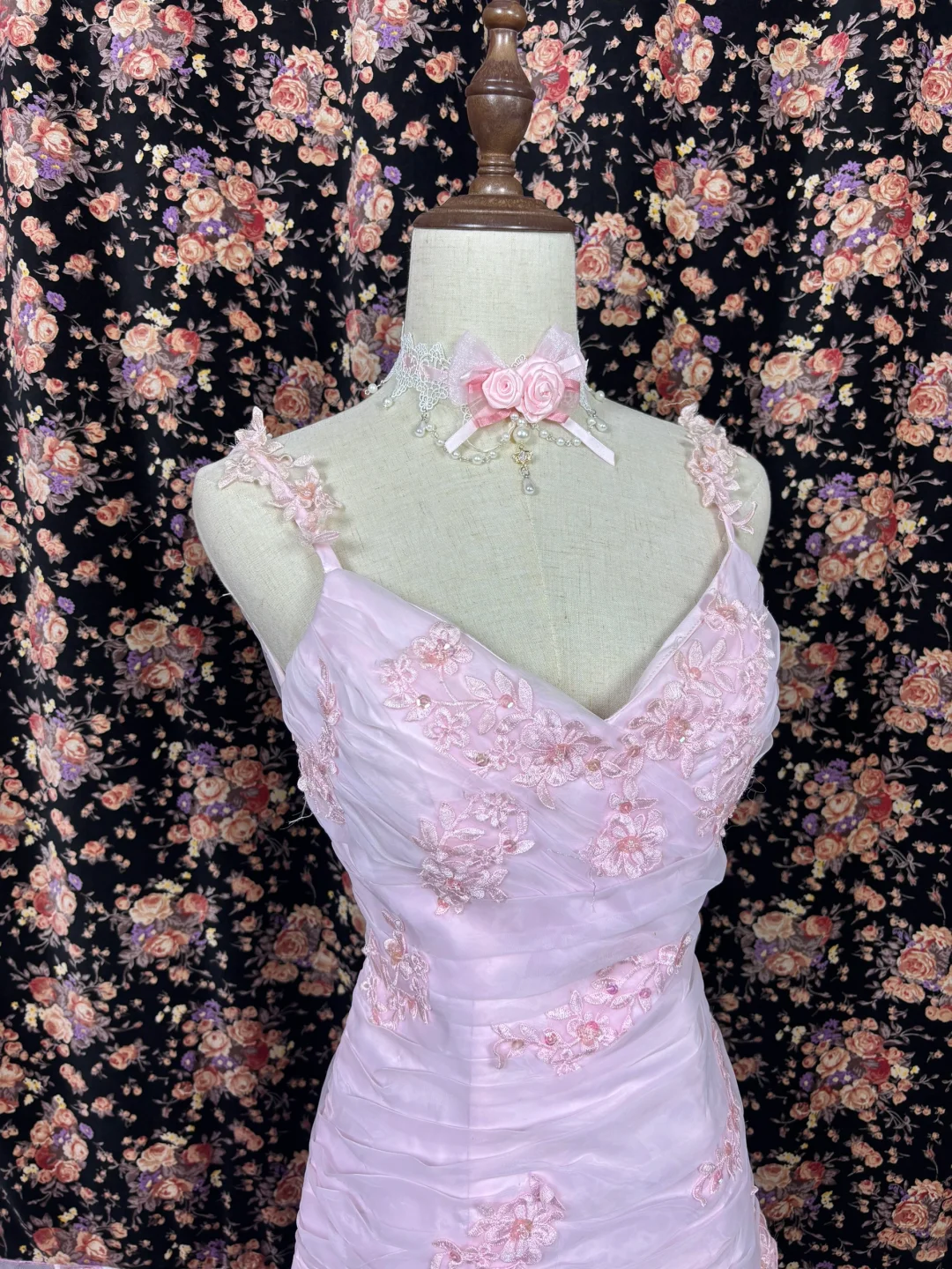 Light Pink Retro Mermaid Strap Pleated Beaded Floral Organza Satin Prom Dress Formal Dress DP3207