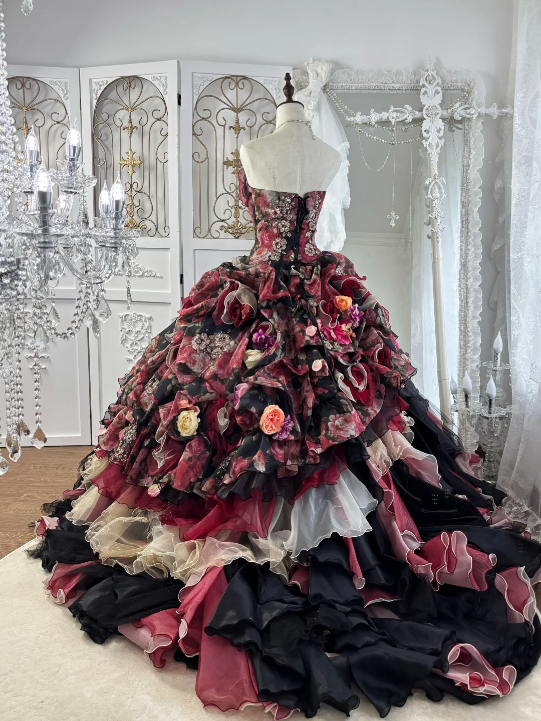 Vintage Black-Red Ball Gown Strapless 3D Floral Layered Organza Prom Dress Sweet 16 Dress DP5665