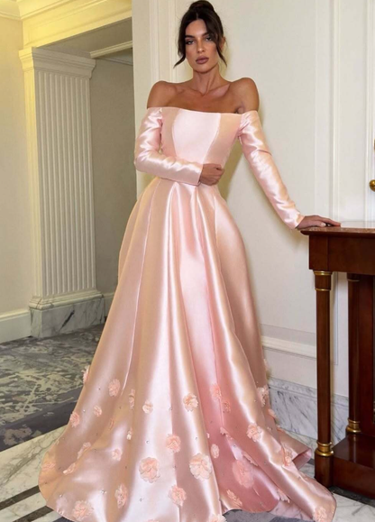Pink A Line Long Sleeve Floral Satin Long Prom Dress Evening Dress DP4331