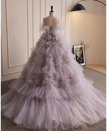 Beautiful Fairytale Prom Dress Purple Ruffled Tulle Ball Gown DP622