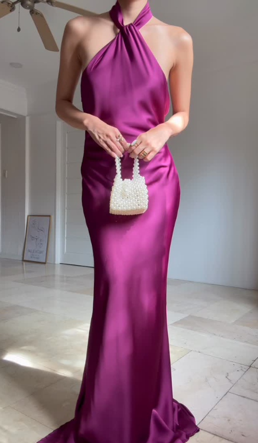 Simple Sheath Halter Navy Blue Satin Open Back Graduation Prom Dress DP4875