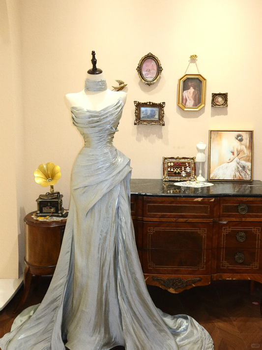 Grey Simple Mermaid Sweetheart Neck Pleated Satin Prom Dress Evening Dress DP2818
