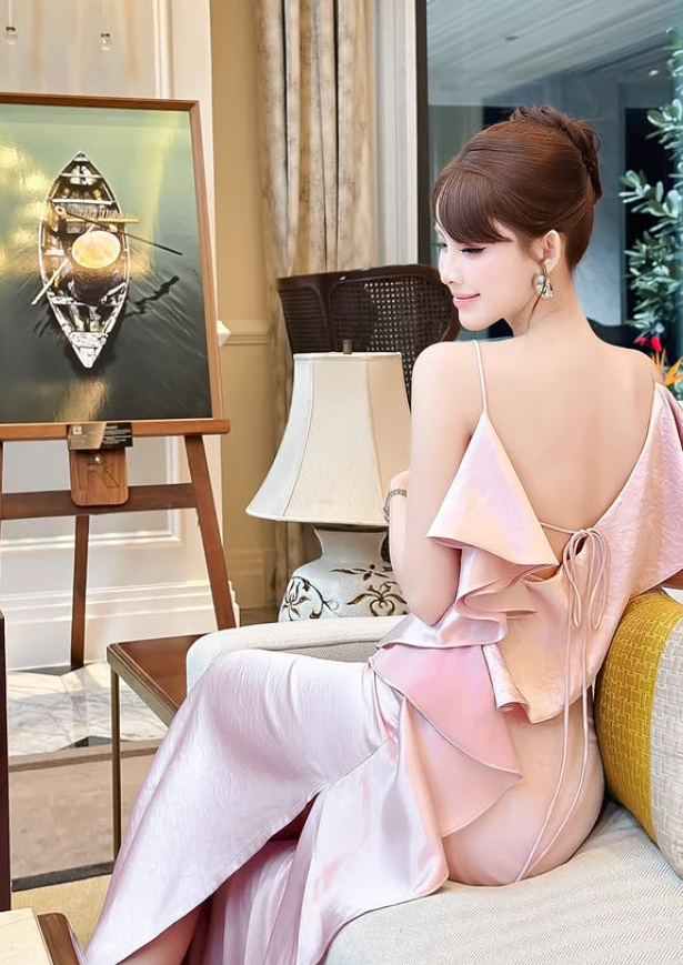 Pretty A Line Spaghetti Strap Ruffle Pink Satin Backless Prom Dress Evening Dress DP5921
