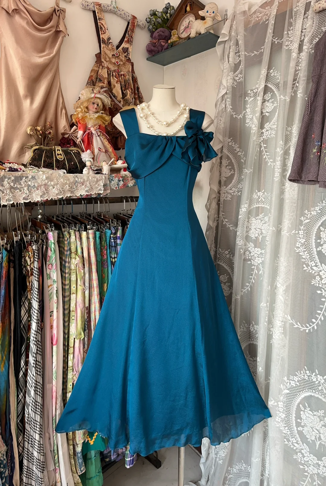 Charming Vintage A Line Straps Detachable Bow Chiffon Tea Length Prom Dress Outfits DP5007