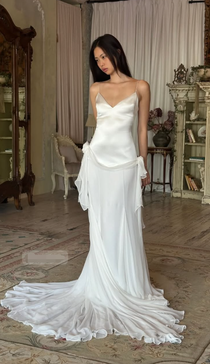 Classy Sheath Spaghetti Straps White Chiffon Satin Long Wedding Dress DP7873