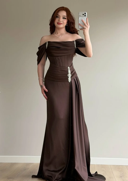 Elegant Brown A Line Off the Shoulder Satin Prom Dress Date Dress DP5090