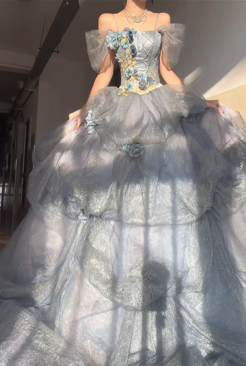 Stunning Blue Ball Gown Off the Shoulder Beaded Floral Tulle Prom Dress Party Dress DP4594
