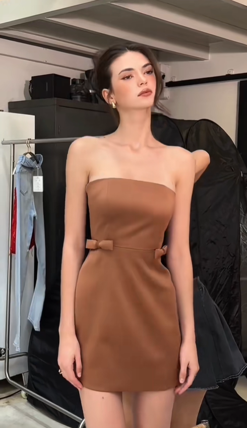Simple A Line Strapless Brown Bow Satin Short Homecoming Dress Outfits DP4519