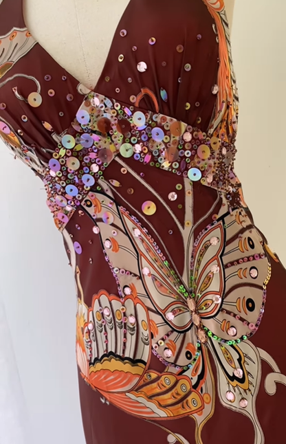 Vintage A Line Halter Beaded Sequins Chiffon Evening Dress Prom Dress DP1515