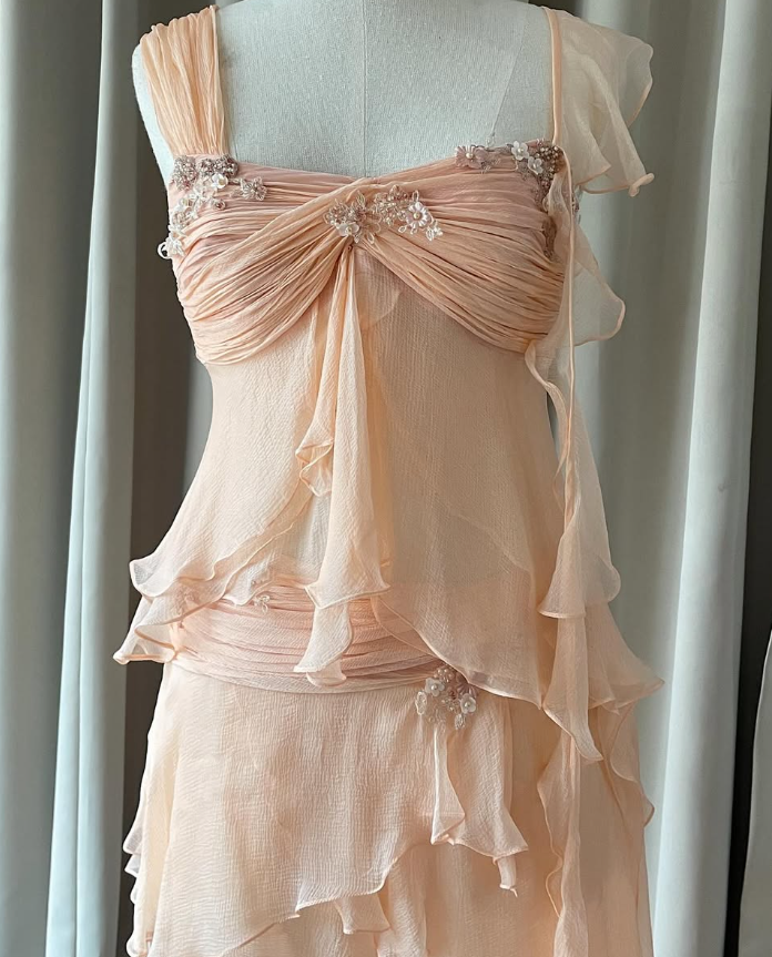 Baby Peach A Line Two Piece Appliques Tiered Chiffon Party Dress Evening Dress DP4937