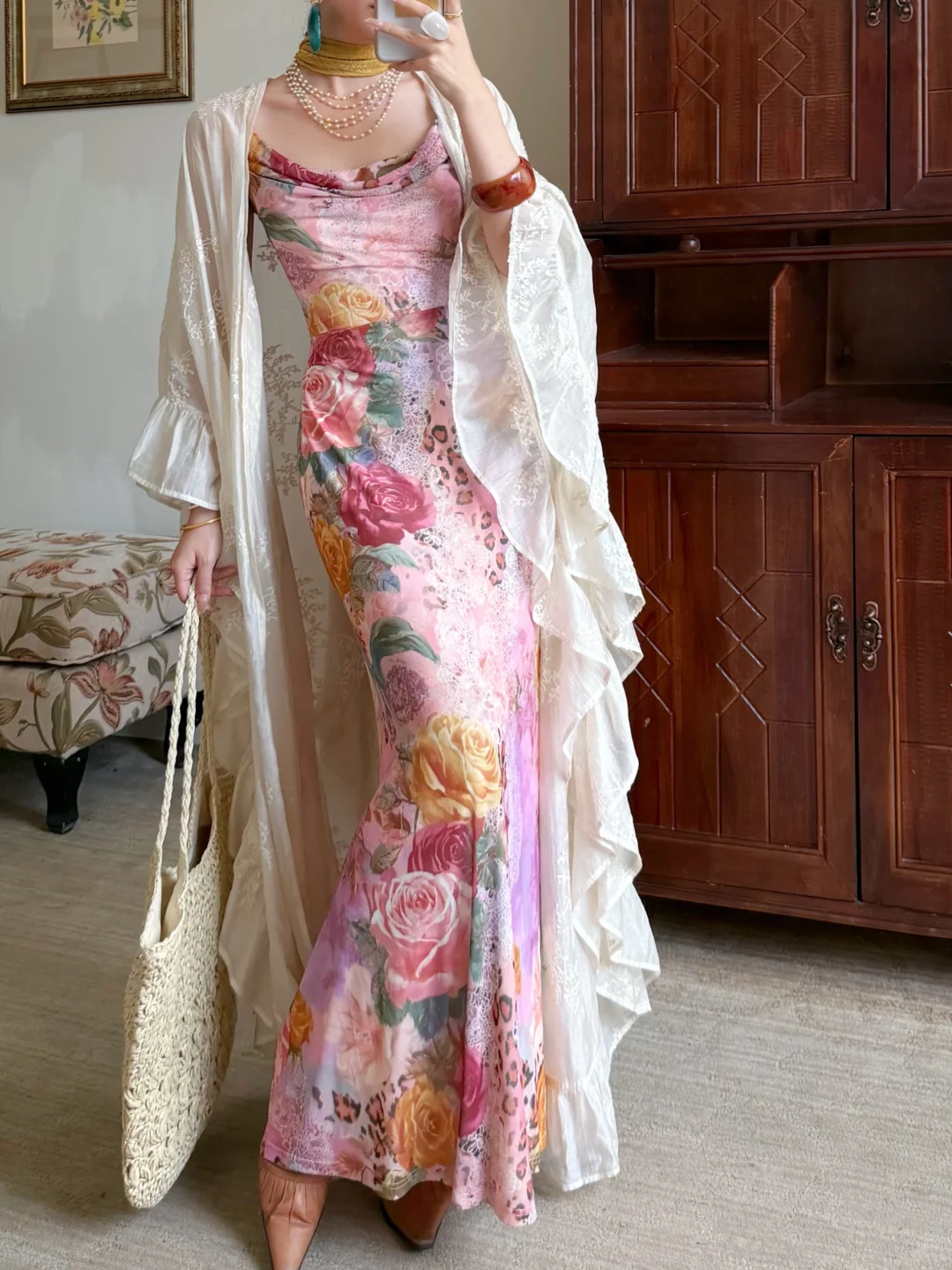 Beautiful Sheath Spaghetti Straps Pink Printed Floral Chiffon Long Prom Dress Evening Dress DP6786