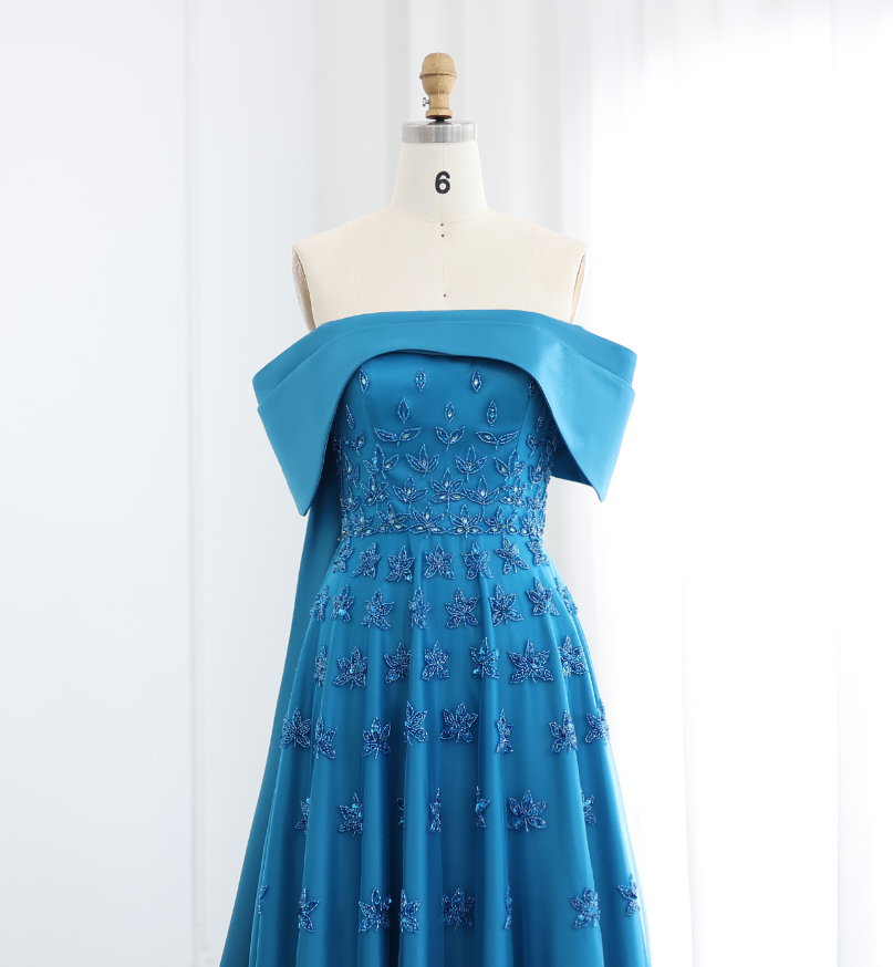 Elegant A Line Off the Shoulder Beaded Blue Satin Prom Dress Evening Dress DP1905