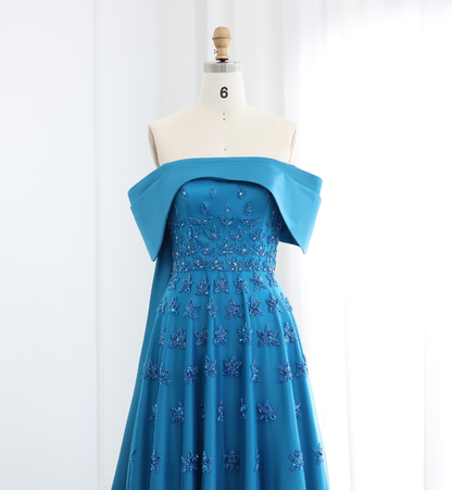 Elegant A Line Off the Shoulder Beaded Blue Satin Prom Dress Evening Dress DP1905