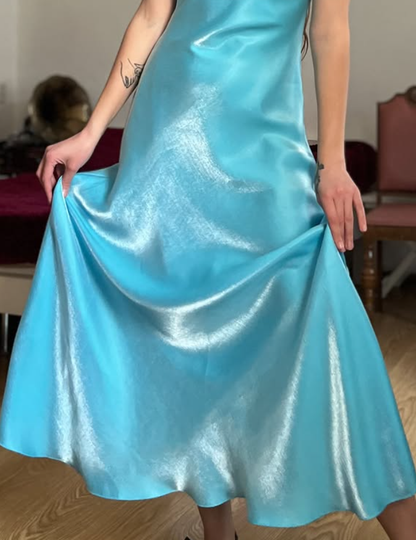 Dazzling Blue A Line Straps Floral Satin Prom Dress Evening Dress Date Dress DP5710